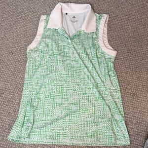 Adidas White and Green Patterned Sleeveless Golf Polo